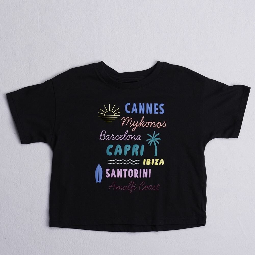 SO Girls Black Cropped T-Shirt Mediterranean Cities Print Size M 8